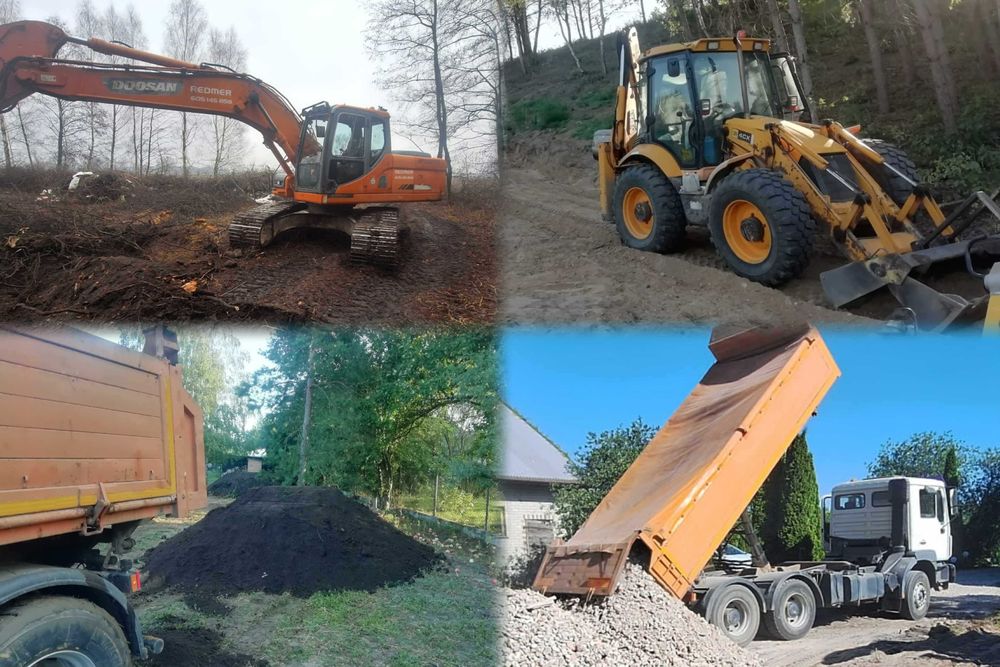 Koparka zwir gruzobeton czarnoziem wywrotka karczowanie prace ziemne