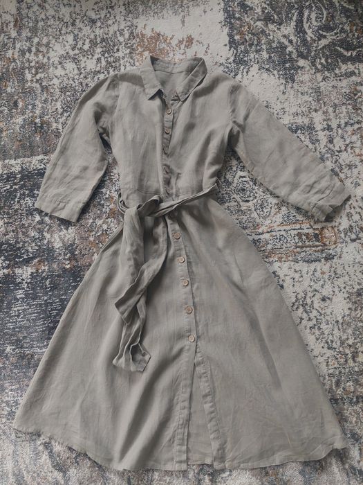 Lniana Sukienka z Kołnierzykiem i Paskiem na Guziki Rękaw3/4 Kieszenie