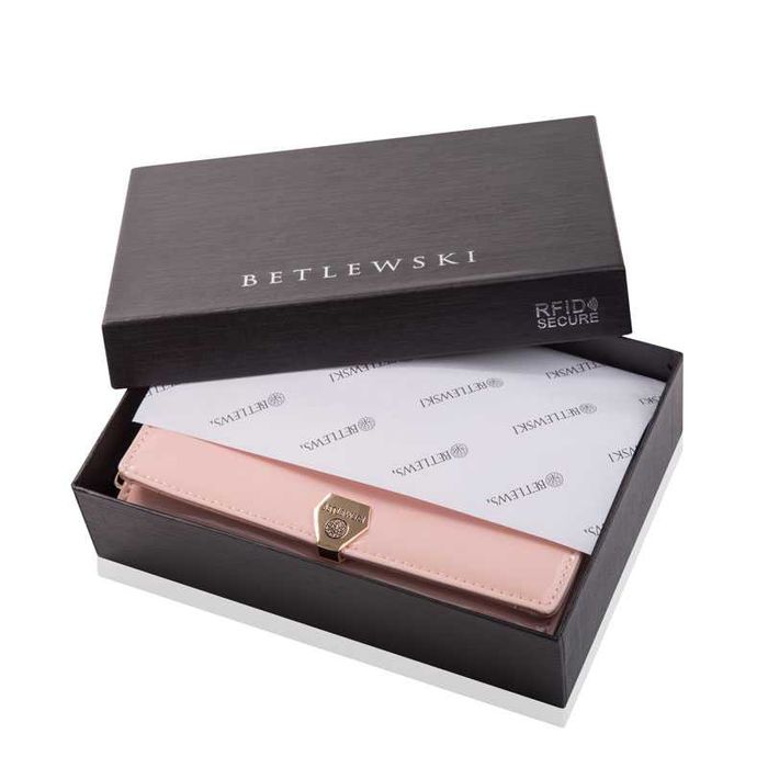 BETLEWSKI Skórzany Portfel Damski Lakierowany Ochrona RFID Na Prezent