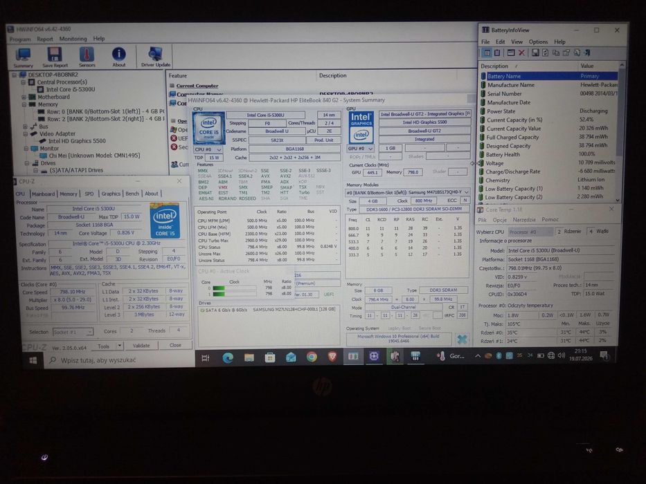 Laptop HP EliteBook 840 i5 8GB SSD bateria 2-3-4h Win Zasilacz HP