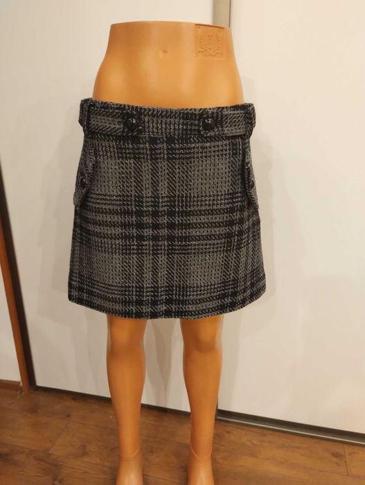 Spódnica mini w kratę wełna Ann Christine 36 S tweed wysoki stan