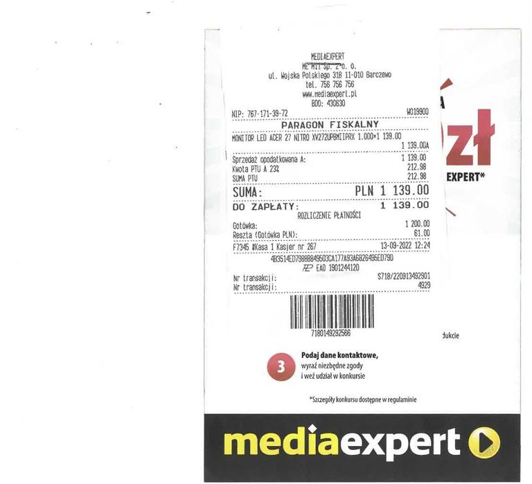 Monitor Gamingowy Acer XV272U 27 cali WQHD LED IPS 144 Hz