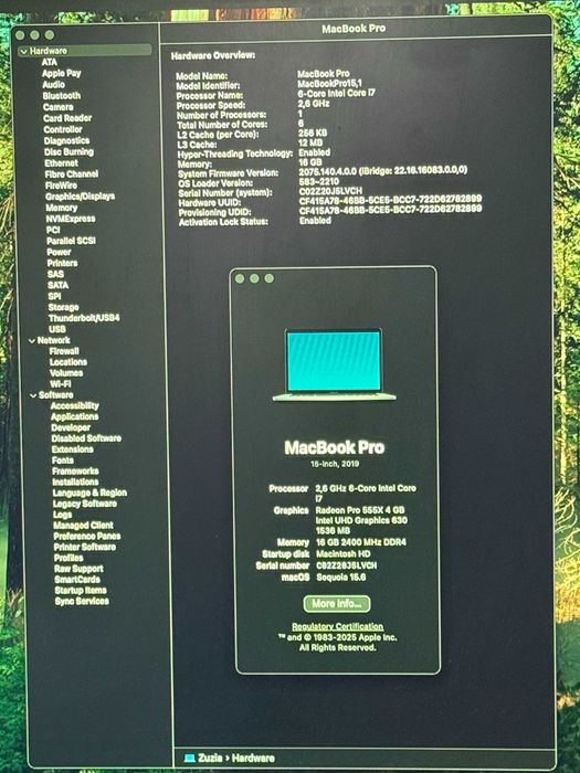MacBook Pro 15” (Mid 2019) | i7 | 16 GB RAM Matryca paski nowa bateria