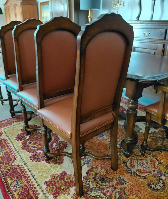 Elegancki dębowy komplet stół + 6 krzeseł skórzana tapicerka