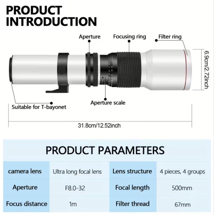 Обʼєктив JINTU 500mm f/8–32 MF з 2x телеконвертером