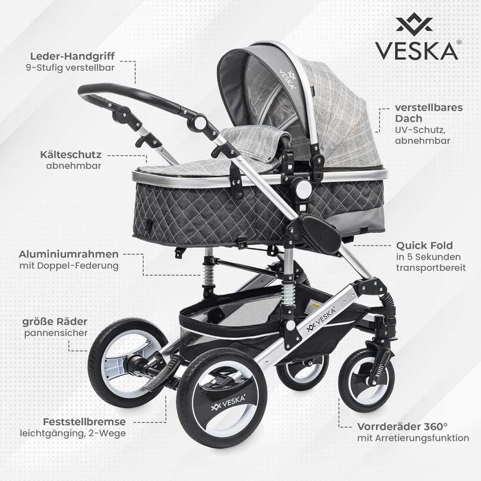 niemiecki wózek dziecięcy 3w1 gondola spacerówka fotelik veska de