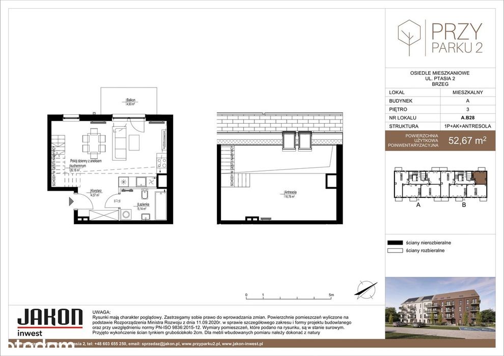 53 m² | mieszkanie dwupoziomowe z balkonem | Brzeg