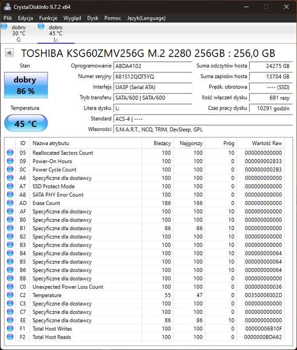 Dysk Toshiba m.2 2280 KSG60ZMV256G
