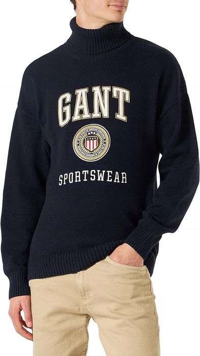 Gant Granatowy Sweter Męski Z Golfem Bawełna Wełna M