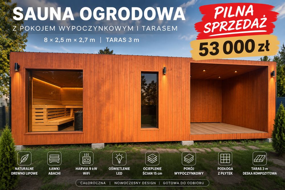 PILNA SPRZEDAŻ 53 000 zł SAUNA 8 × 2,5 m | HARVIA WiFi