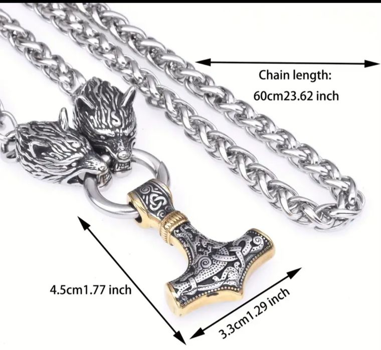 Męski Naszyjnik W Stylu Vintage Z Głową Wilka I Młotkiemi