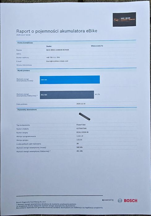 Bateria Akumulator BOSCH POWERTUBE 500Wh pionowa 38 cykli 90% sprawnoś