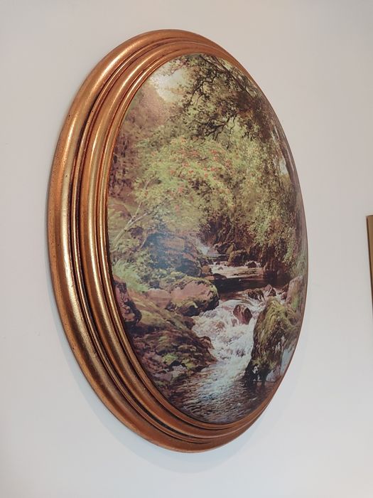 Obraz olejny " górski potok " obraz owalny ,malowany na drewnie