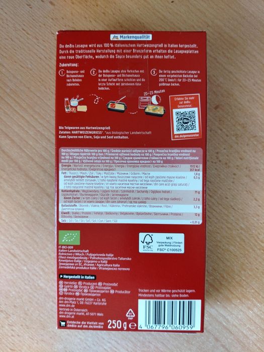 Makaron do lazanii dmBio, 250 g (otwarte opakowanie)