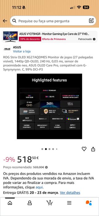 Monitor OLED 26,5" 240hz ASUS XG27AQDMES Rog Strix