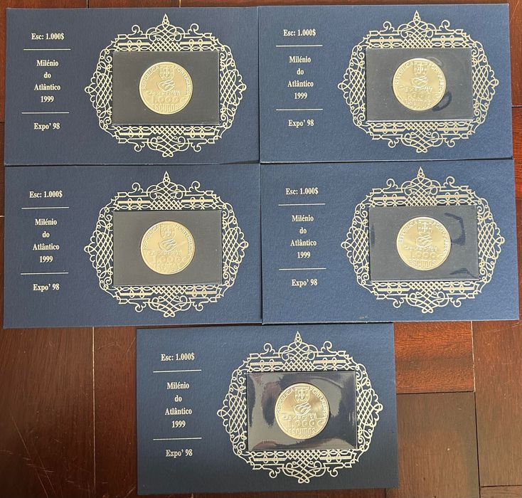Lote 5 Moedas Portuguesas Prata Seladas 1000 Escudos Atlântico Milénio