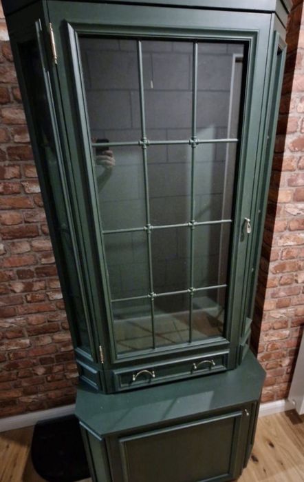 Zielona szafa komoda witryna biblioteczka oszklona oswietlona