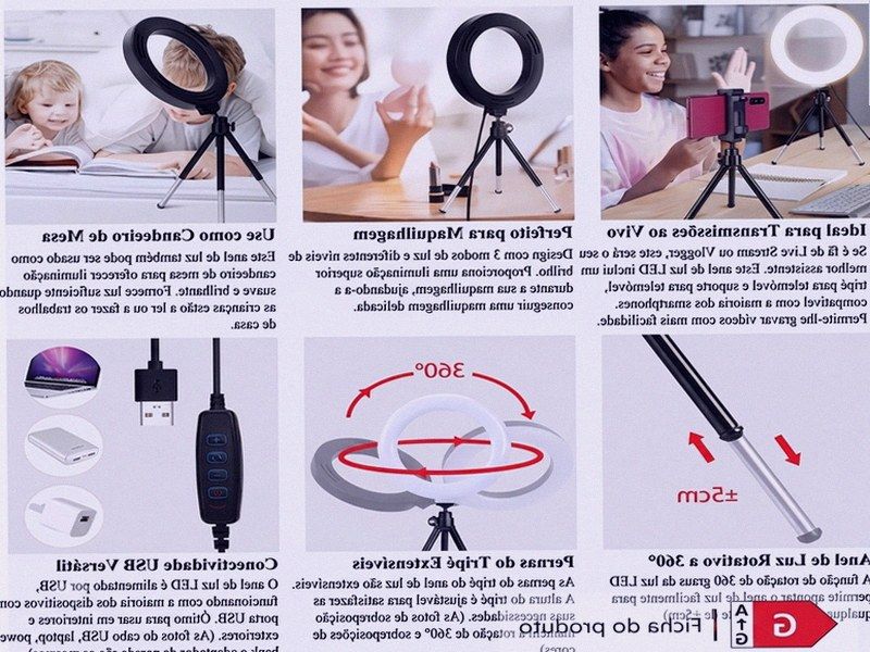 Ring Light Rotativa 360° com Tripé — Streaming, Maquilhagem e Videochamadas