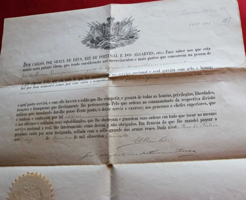 Rei D Carlos carta patente, Paço de Belém (invulgar) 1890