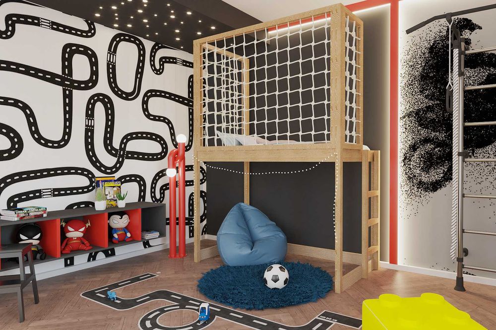 Łóżko na antresoli dla dziecka ze sznurkowymi zabezpieczeniami