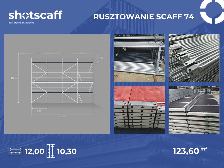 Stalowe rusztowanie elewacyjne Plettac nowe 10,3 m wysokie x 12 m długie 124/125 m2 -kompletne