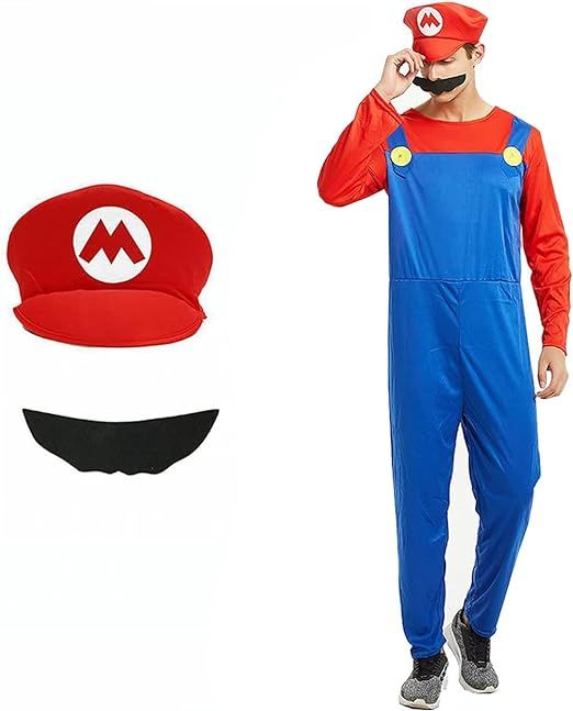 Kostium Mario dla Dorosłych - Kombinezon, Czapka, Wąsy Xl 185-190Cm