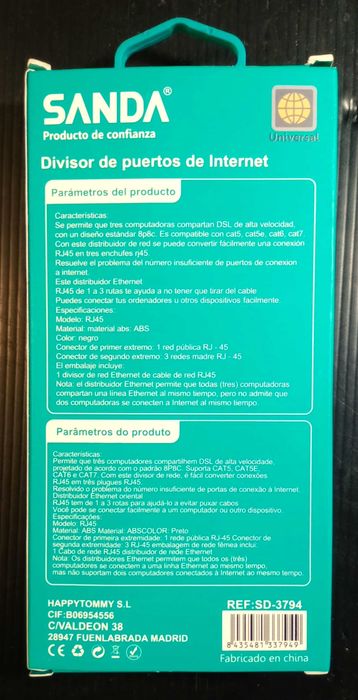 Divisor Adaptador para 3 portas Internet RJ45