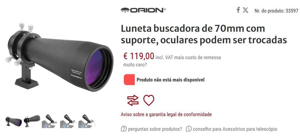 Luneta Buscadora ORION 70mm Multiuso para Telescópios e Astronomia