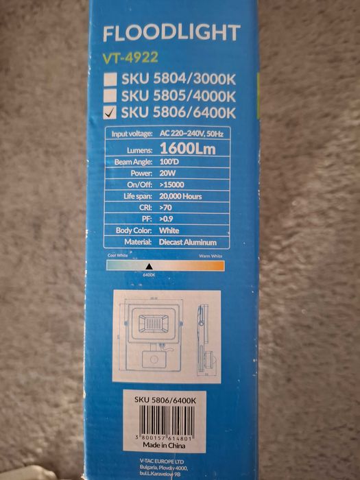 Foco LED Slimline V-TAC VT-4922 com sensor PIR SMD de 20 W, branco, IP44