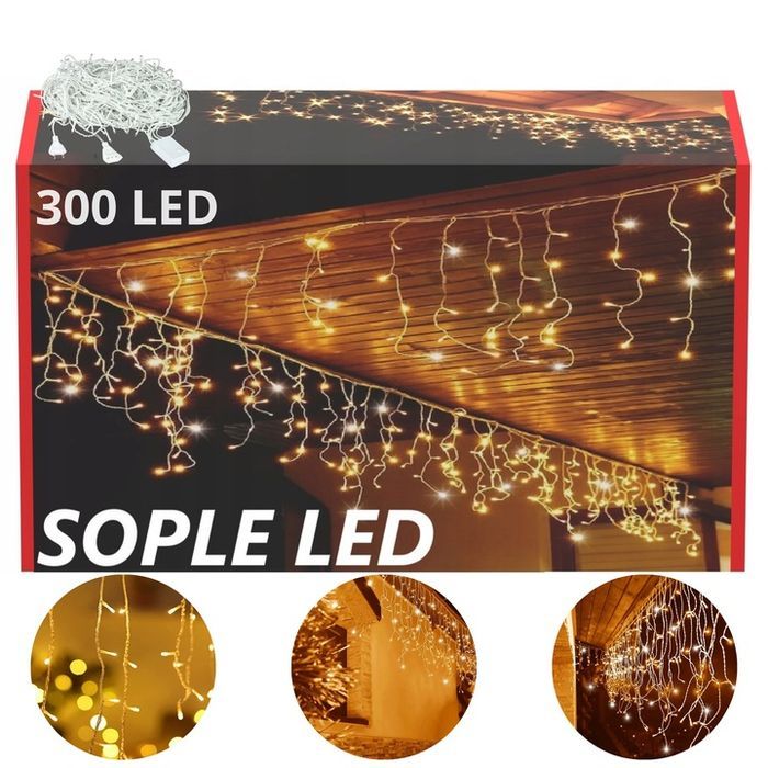 świąteczne sople ciepłe białe 300led 12m 8 trybów +gratis lampki żółte