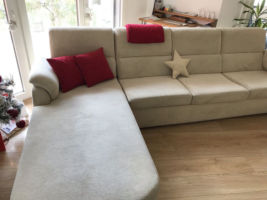 Sofa creme tecido chaise long 3 lugares