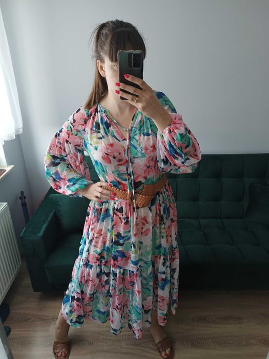 Sukienka bufiaste rękawy długa maxi kwiaty kwiatki