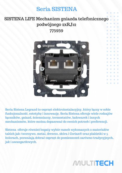 SISTENA Life Gniazdo telefoniczne podwójne ścienne Mechanizm