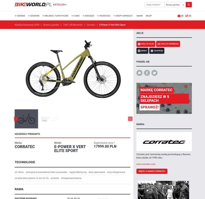 Corratec E-power X-Vert XS S 39 29" Bosch CX 4 SMART rower elektryczny