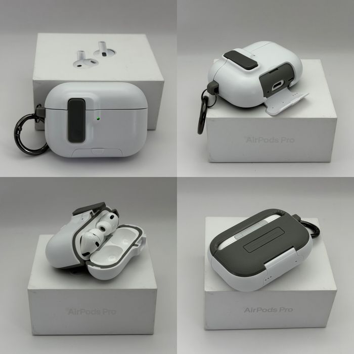 Чехол на AirPods Pro 3 Grey, AirPods Pro 2 Grey, AirPods 4 Green, противоударный, открывается автоматически кнопкой