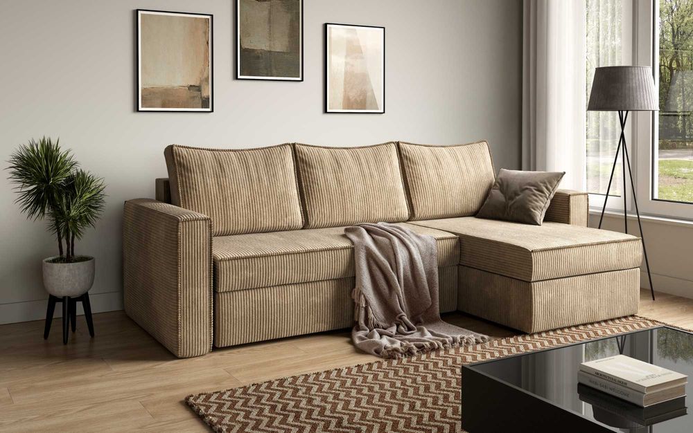 Narożnik Sofia. Sprężyny bonell, 2 pojemniki, sztruks. Szybka dostawa