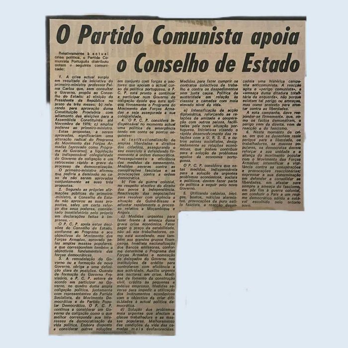 Recorte de Imprensa "O PCP Apoia o Conselho de Estado" 1975