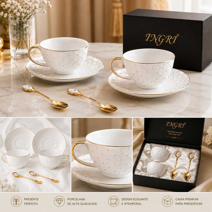 Conjunto de 2 Chávenas de Porcelana e 2 Colheres