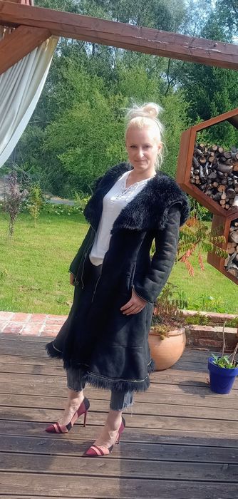Kożuch naturalny kożuszek prawdziwy kaptur maxi złoty