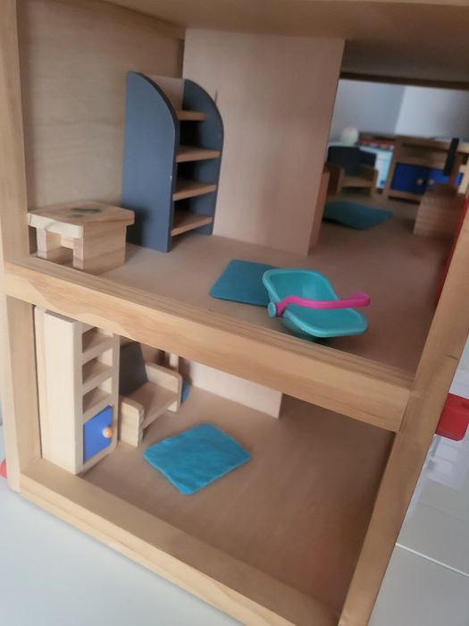 Drewniany domek duży zestaw mebelki dla lalek
