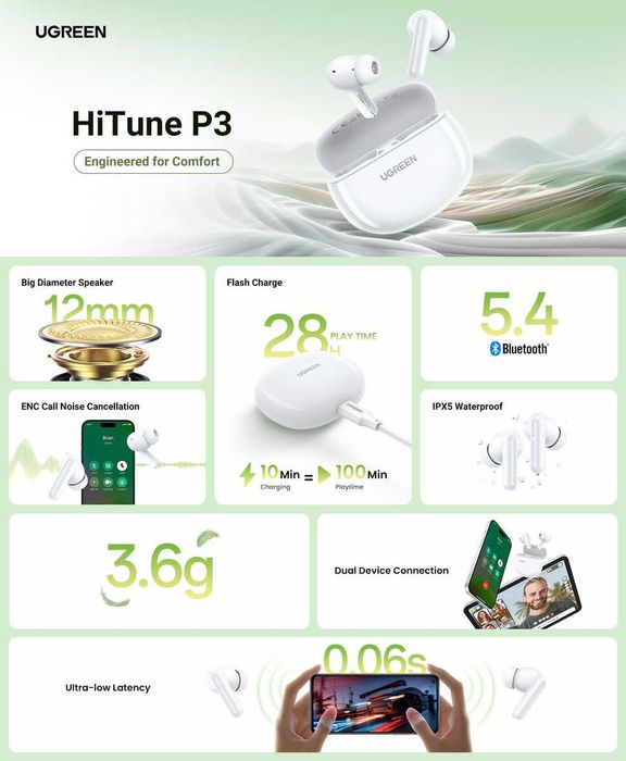 Оригінальні TWS навушники UGREEN HiTune P3 / T3 / T3 Pro / T6s