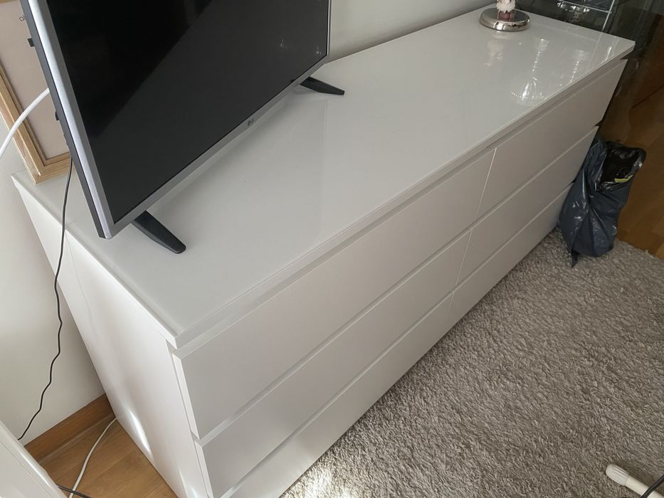 Cômoda malm 6 gavetas com tampo de vidro