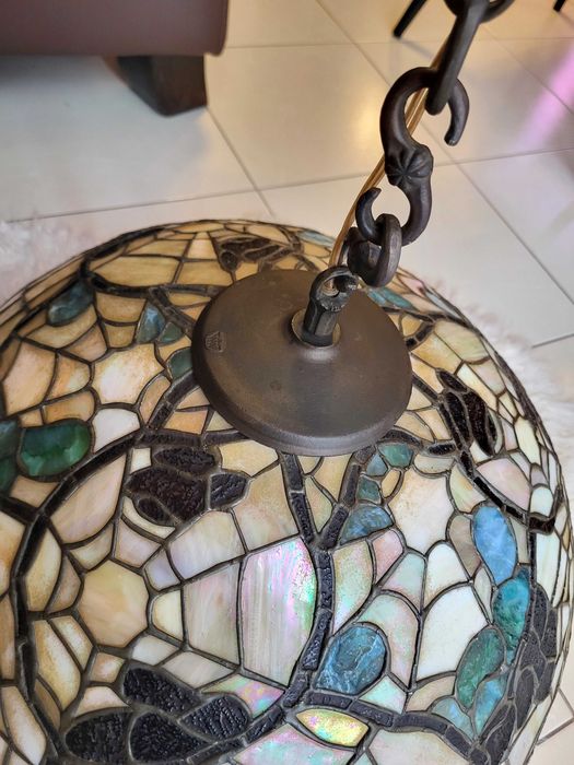 Lampa sygnowana w stylu TIFFANY Spider masa perłowa brąz copper foil