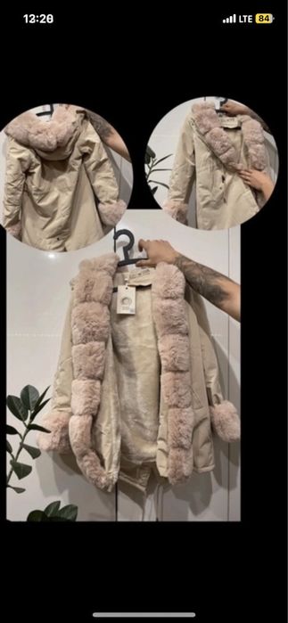 Parka Ocieplana kurtka parka z futerkiem beżowa Georgia