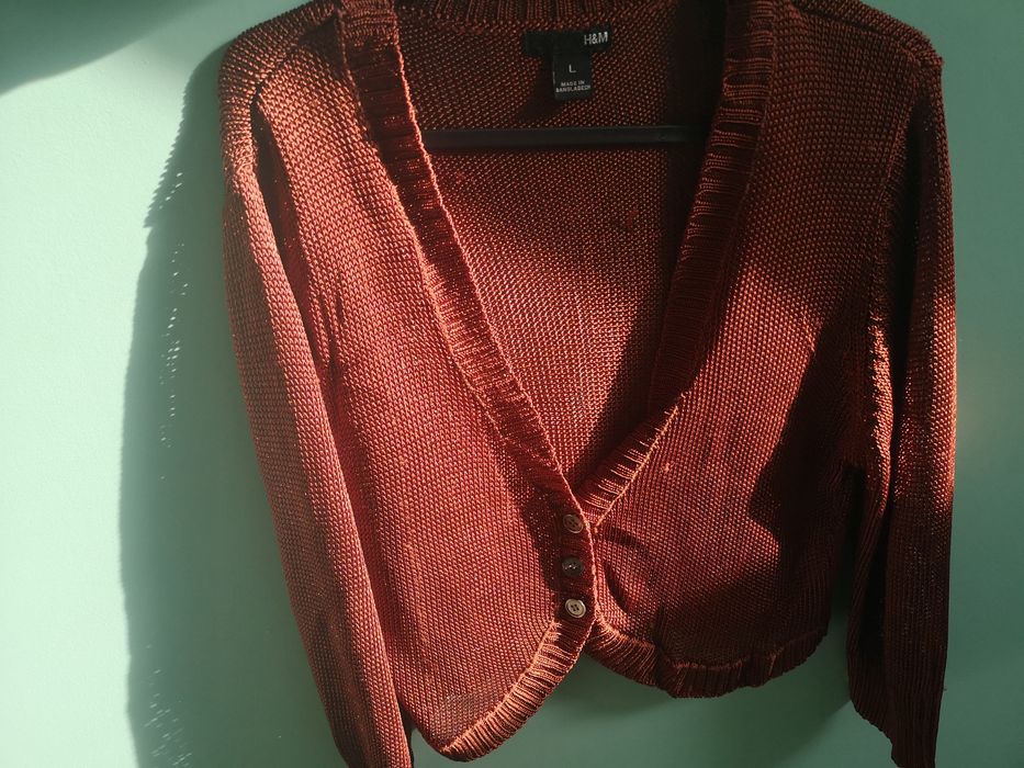 Sweterek -  bolerko, H&M, brązowy z błyszczącą nitką, krótki, rozm.. L