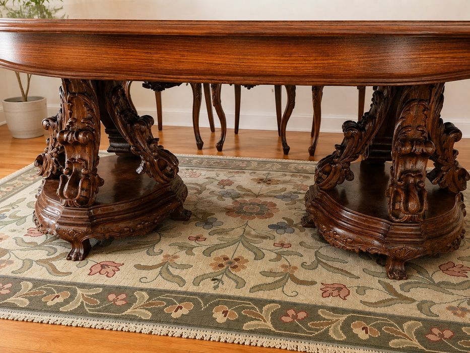 Conjunto de sala de jantar em raiz de nogueira: mesa, cadeiras e móvel