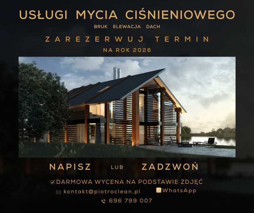 Usługi mycia ciśnieniowego: bruk, elewacja, dach. Mycie paneli PV.