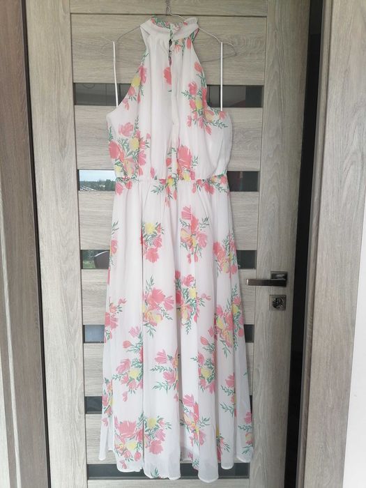 Nowa elegancka szyfonowa sukienka w kwiaty halter maxi 40 42
