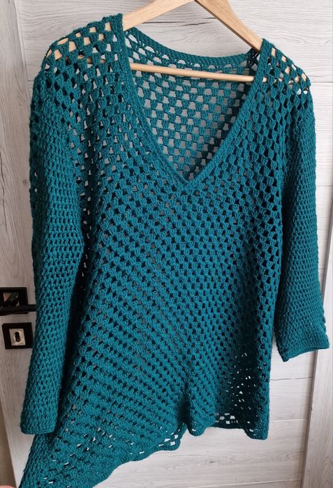 Sweterek szydełkowy szmaragdowy handmade XL L