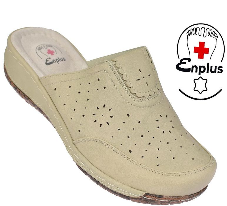 Beżowe Klapki Medyczne Enplus z gumami  RS0788-6 na Koturnie roz. 39